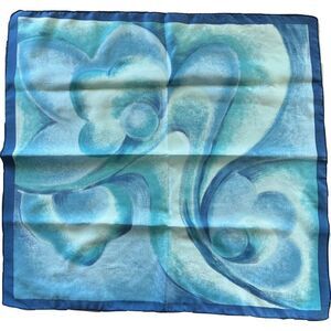 Vintage blue giant flower handkerchief silky satin square watercolor floral